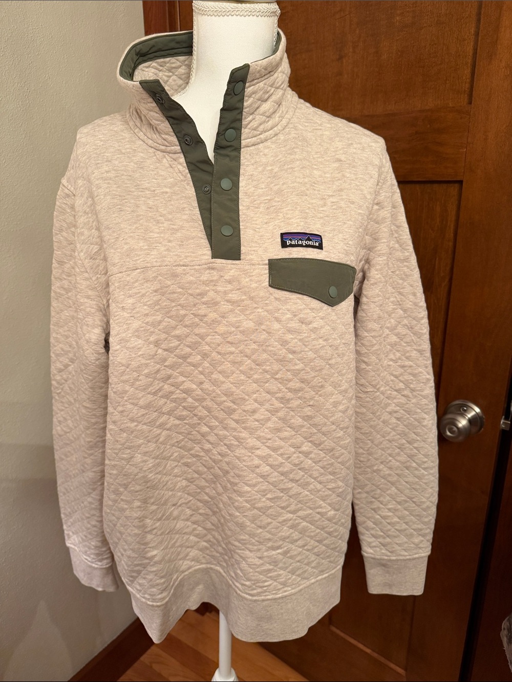 Patagonia Quilted Snap-Up Sweater - Grey with Olive Trim